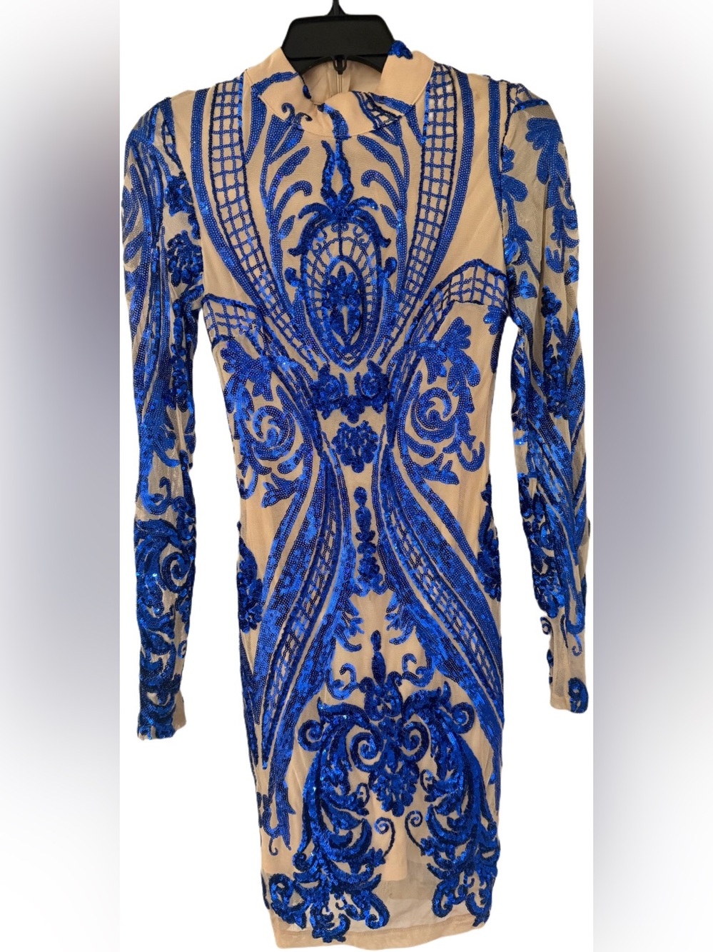 Nude Mesh Long Sleeve Dress with Royal Blue Sequin Appliqué